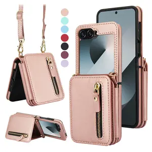 Wallet Case for Samsung Galaxy Z Flip 7 / 7 FE 6/5/4/3 5G with Built-in PU Leather Cash Slot Zipper Purse Credit Card Slot Holder Carrying Handbag Stand Phone Case Hinge Protection Adjustable Lanyard for Women Ladies