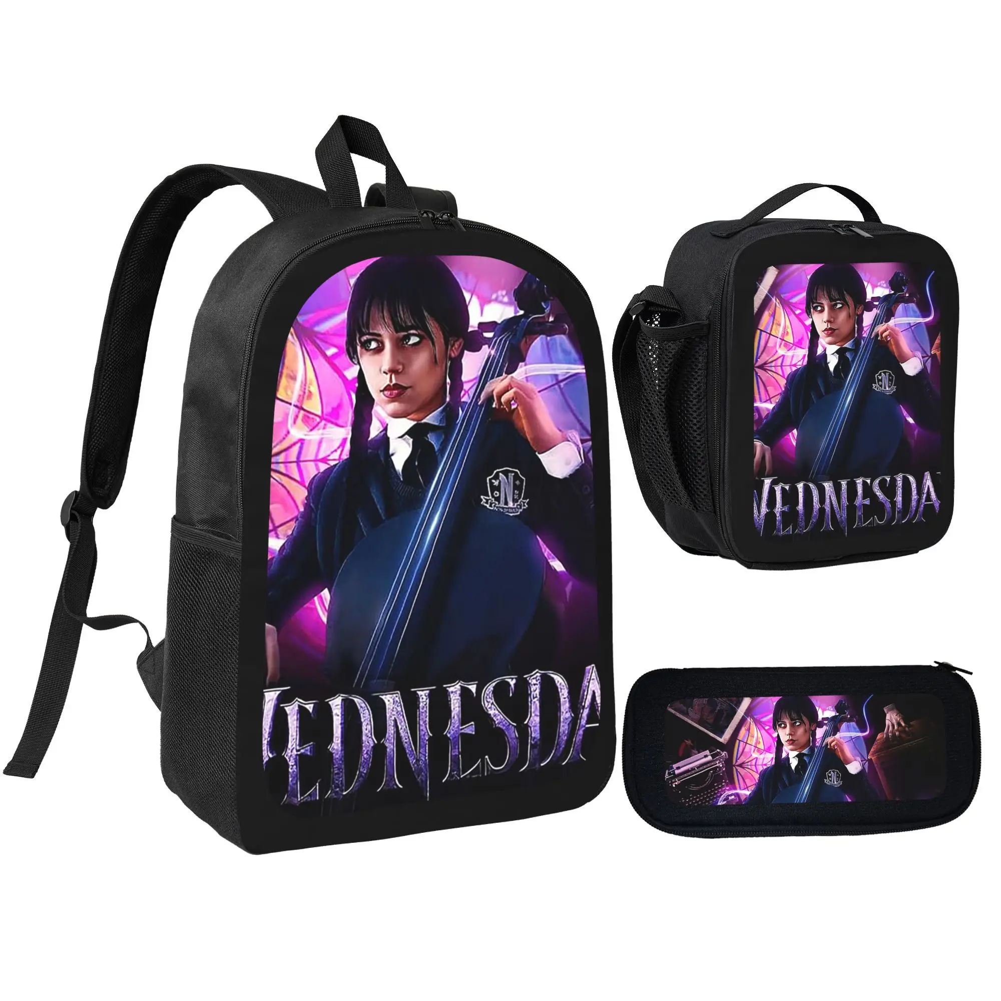 Wednesday Fan Gift Set - 3-Piece Backpack, Lunch Box & Pencil Pouch, Durable Polyester, Perfect for Kids, Featuring Iconic Wednesday & Gothic-Inspired Designs