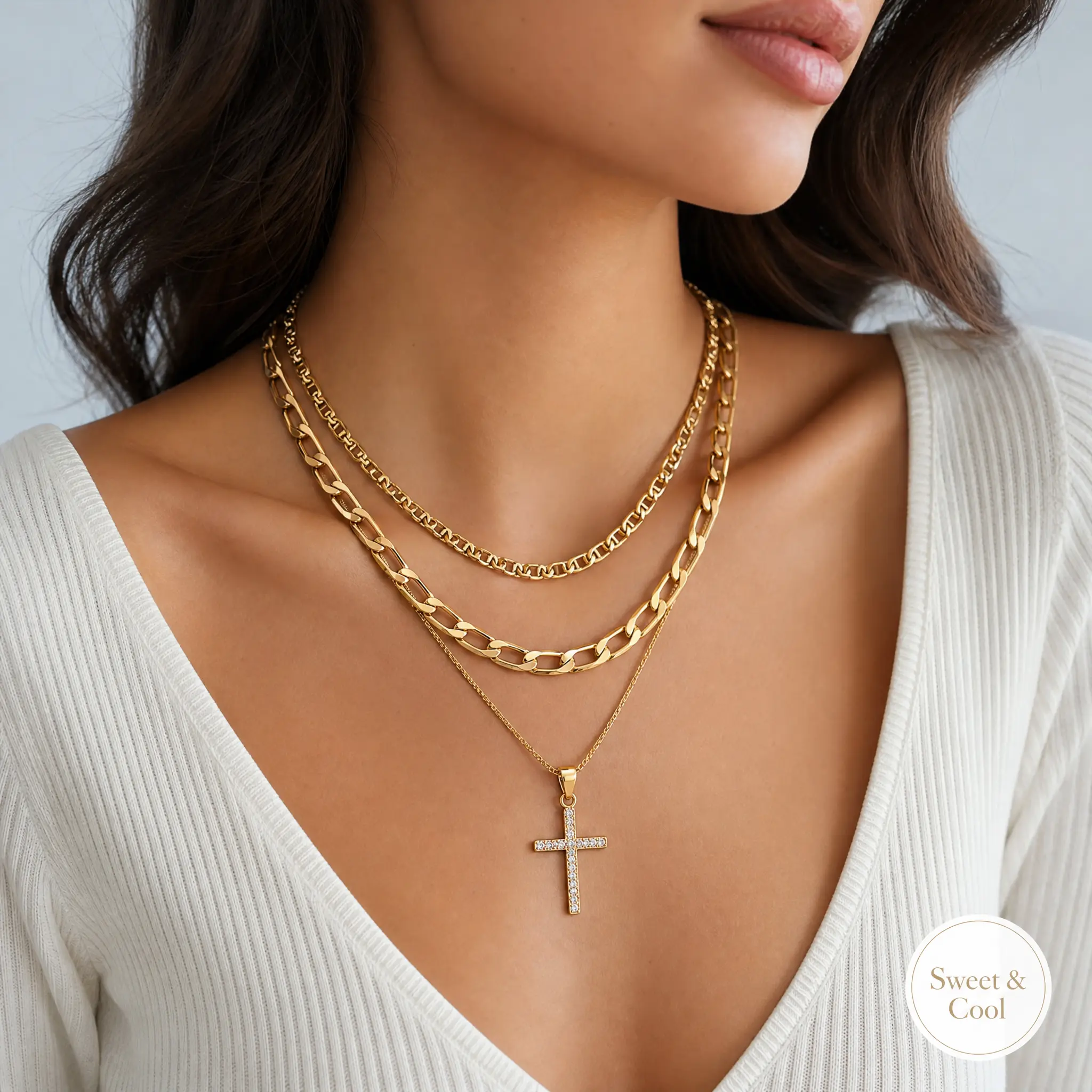 Gold-Plated Layering Chain Necklace for Women, Boho Vintage 3-in-1 Stack with Pave CZ Cross Pendant, Adjustable, Stacking Necklace, Versatile Accessories, Hypoallergenic, Multi-String, 3-In-1 Layered Design