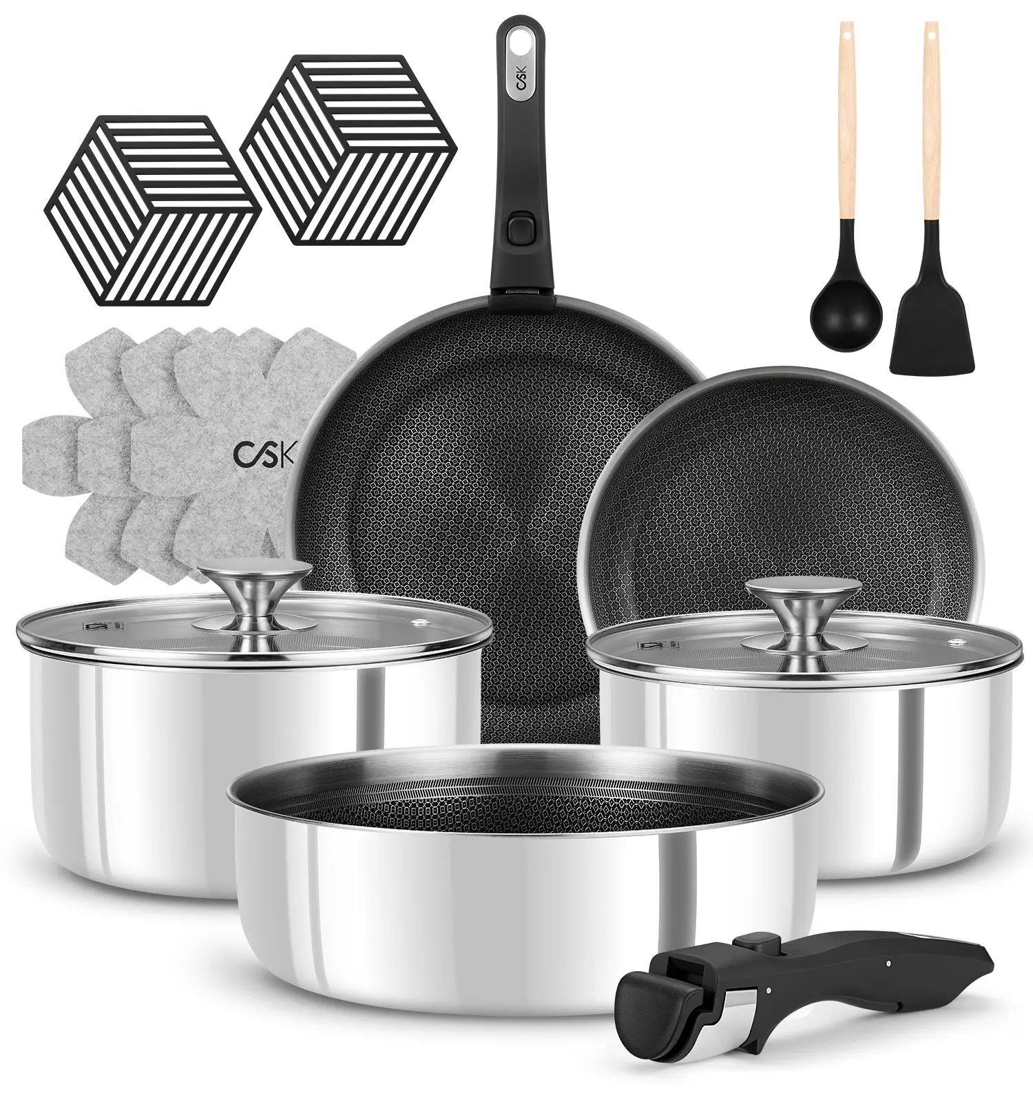 KOCH SYSTEME CS 17-Piece Tri-Ply Hybrid Honeycomb Nonstick Stainless Steel Bundle Cookware Set - Cooking Pans Set with Lid, Detachable Handle, Stackable Design, Induction Compatible, Metal Utensil Safe, Dishwasher & Oven Safe