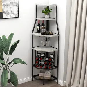 5-Tier Corner  Rack Floorstanding with Glass Holder and Bottles  Storage Home Bar Furniture for Home Kitchen Dining Room Industrial Metal and Wooden Corner Shelf