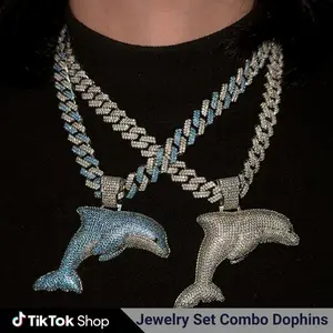Extra Large Dolphin Cuban Chain Necklace with Cubic Zirconia Pendant Cute Animal Hip Hop Jewelry for Men Women Daily Wear