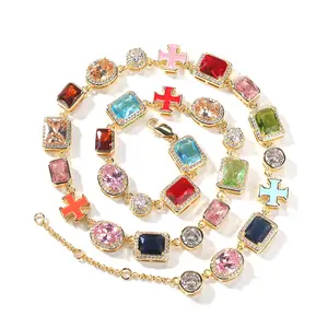 Hip Hop Luxury Geometric Adjustable Multicolor Gemstone Bracelet & Necklace Set for Women high end necklace