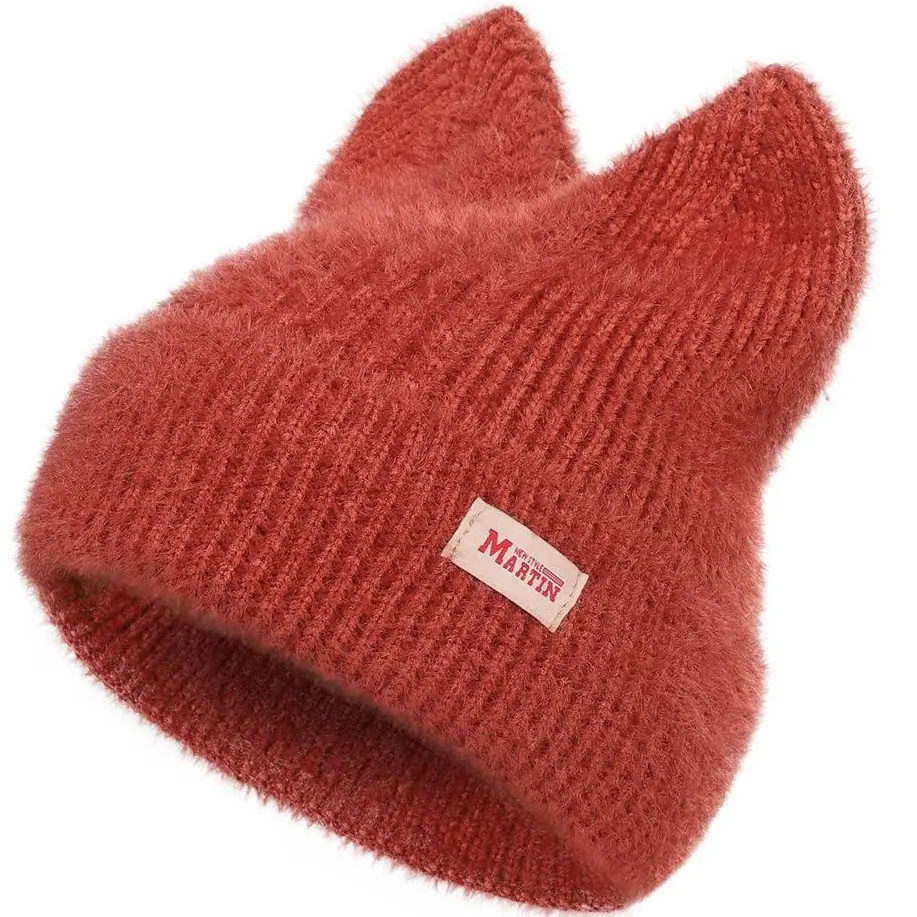 Unisex Knit Cat Ear Beanie, Soft Fuzzy Warm Winter Hat, Cute Stretchy Cuffed Cap for Outdoor Travel, Cold Weather Daily Wear and Holiday Gifts