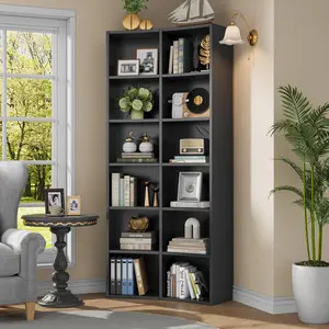 71" Curved Bookshelf with Storage Cabinet, Triple Wide 6-Tier Bookcase with 18 Open Shelves, Black