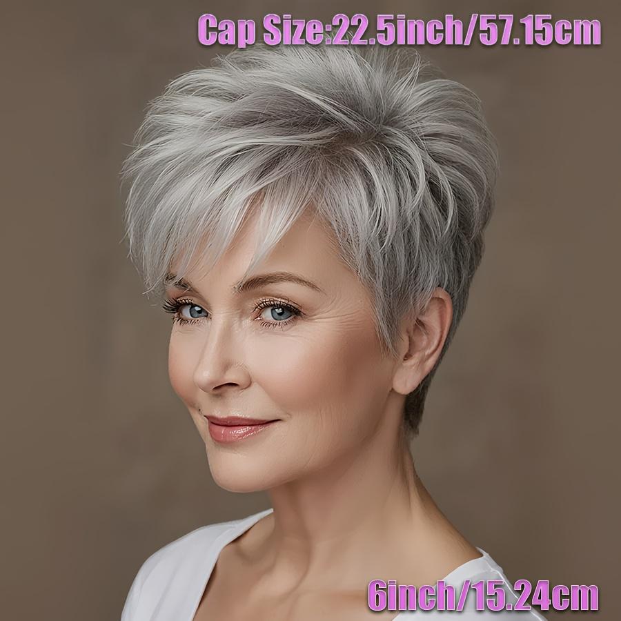150% Density Brazilian Remy Human Hair Wig, Short Straight Layered Grey Salt & Pepper Glueless Wig for Women, Natural Look Rose Net Cap, Secure Fit for Daily Party & Mother's Day Gift