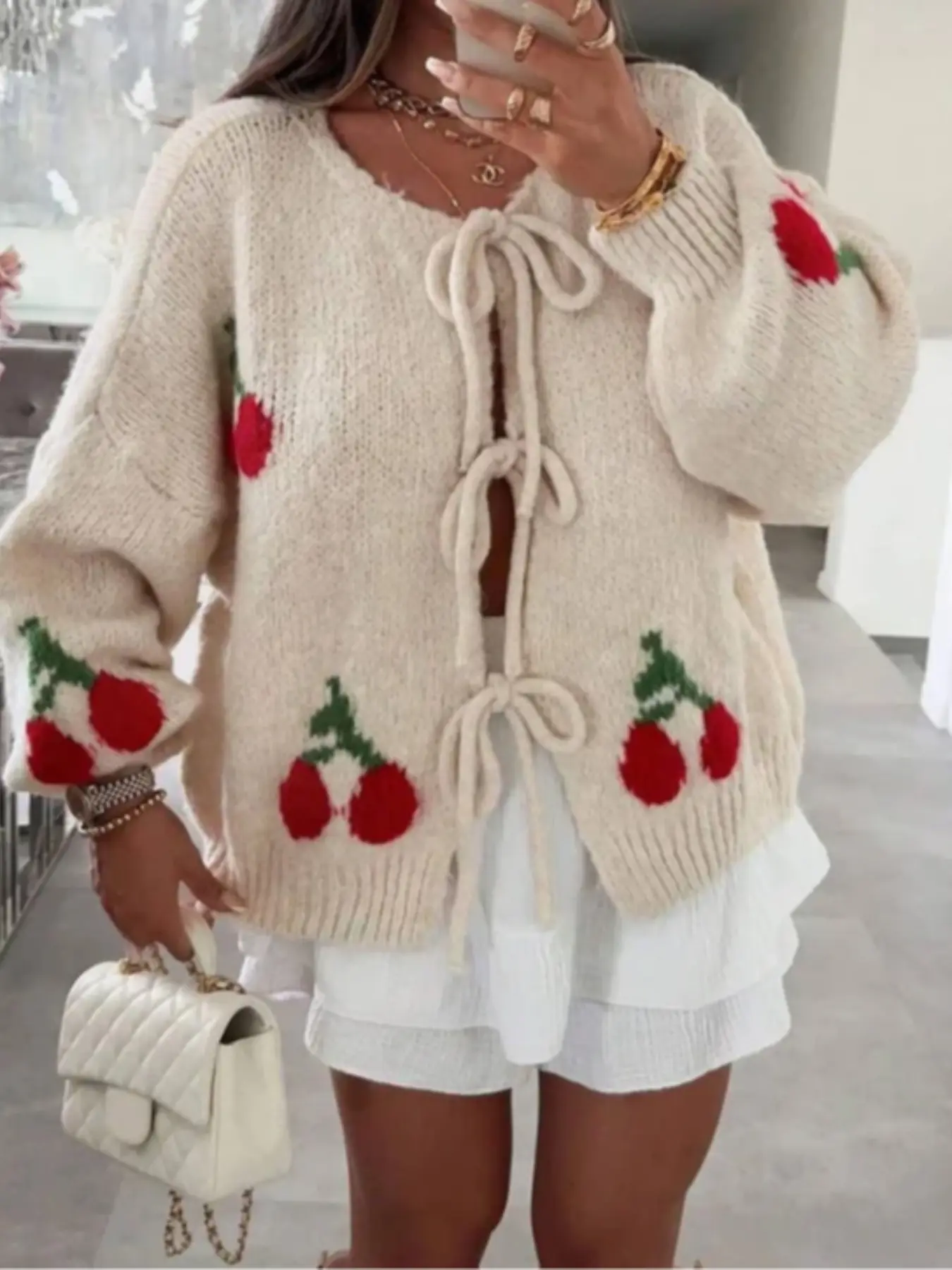 Women's Sweet Cherry Embroidered Knit Cardigan, Loose Bow Design Fun Pattern Sweater, Casual Fall & Winter Daily Top