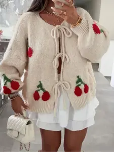 Women's Sweet Cherry Embroidered Knit Cardigan, Loose Bow Design Fun Pattern Sweater, Casual Fall & Winter Daily Top