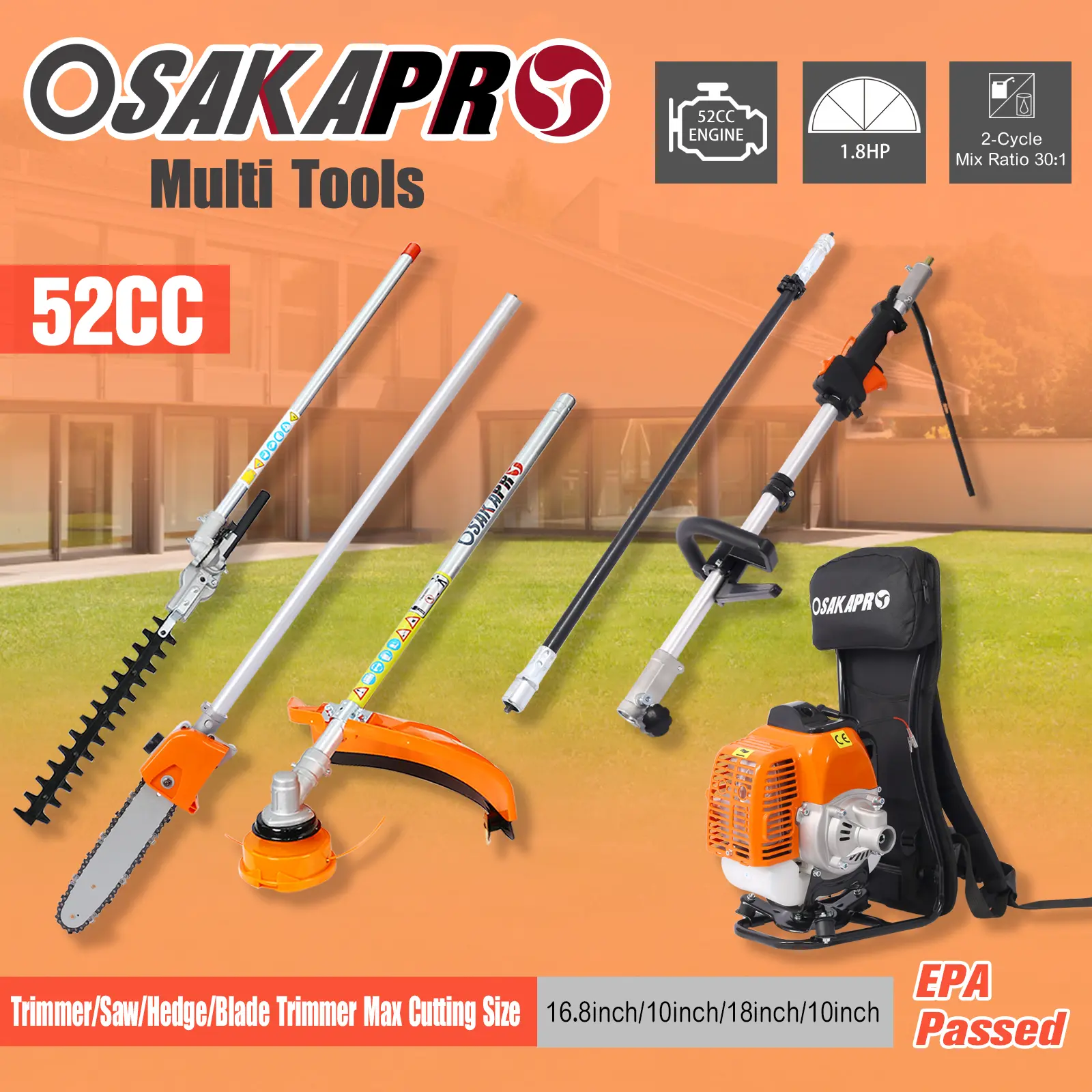 52CC 2-Cycle 12-in-1 Backpack Gas Garden Trimmer Combo, EPA-Compliant Multi-Functional Tool with Pole Saw, Hedge Trimmer & Brush Cutter, Ergonomic Shock-Absorbing Lawn Care Equipment for Home Improvement