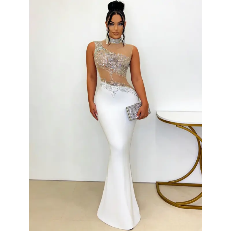 Women's Solid Color Fishtail Gown, Crew Neck Long Sleeve in Stretch Knit Fabric with Rhinestone Details, Casual Wear for a Night Out, Knitting, Tunic, Outfit Of The Night, Gown Dress, Plain, Rhinestones, Do Not Dry Clean, Lady, Going Out, Elegant