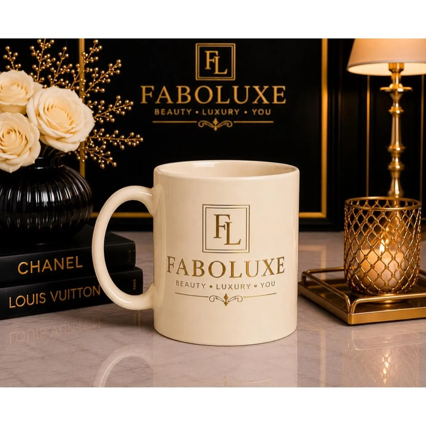 Faboluxe Luxury Mug - White Ceramic with Gold Logo, Perfect for Coffee & Tea, Ideal for Gifting, High-Quality Design
