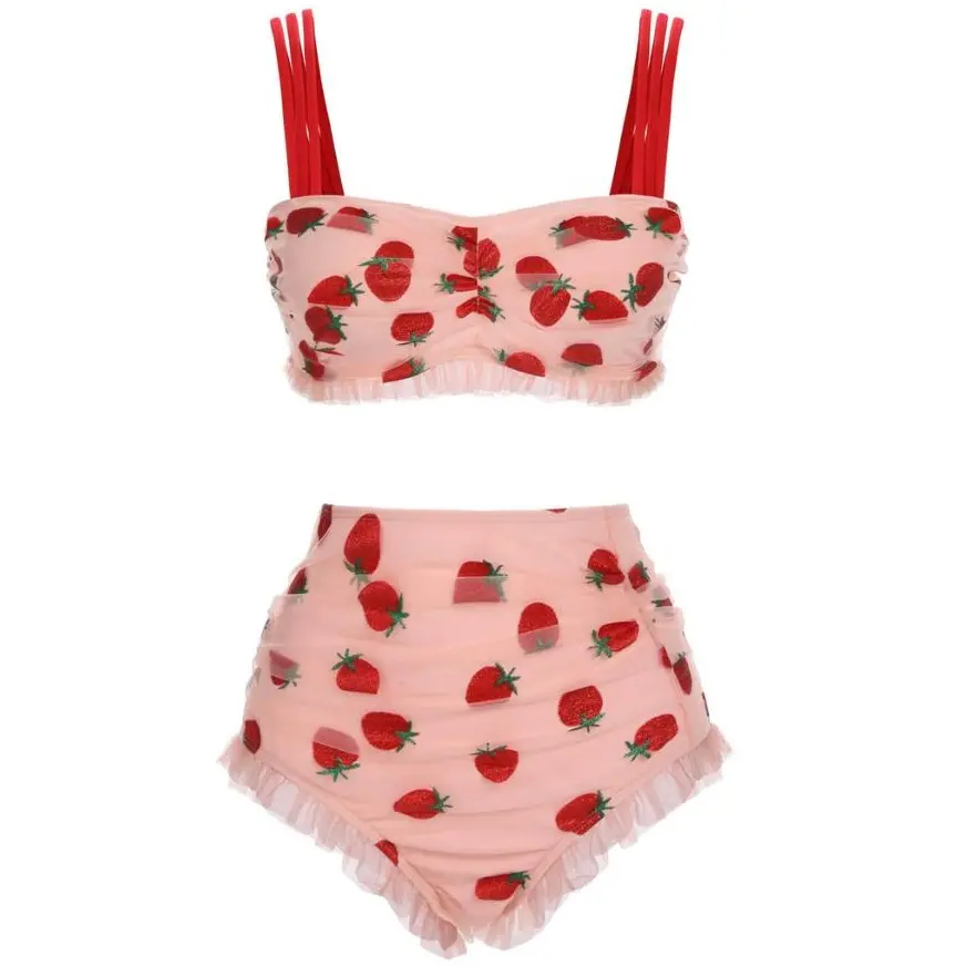 RETRO STAGE Women's Swimsuits, 1950s Vintage Strawberry Print Tankini, 2-Piece Bikini Sets with Smocked Lace Cami Top & High-Rise Bottoms, Swimsuit Style Bikini, Bathing Suit, Tankini Swimsuits