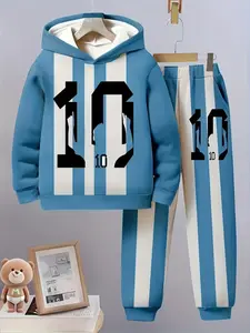 Boys' Fall Winter Hooded Pants Set, Blue Striped Background with Bold Numbers, Sporty Style, Fitted, Outdoor Essential