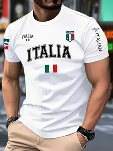 Men's Italian Flag Badge Print T-Shirt, Casual Short Sleeve, Slim-Fitting, Geometric Letters Pattern, All Seasons Wear