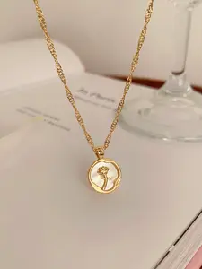 Women's Nacre Rose Flower Round Pendant Necklace, Vintage Elegant Unique Design, Ethnic Pattern Jewelry, Perfect Gift for Daily Wear