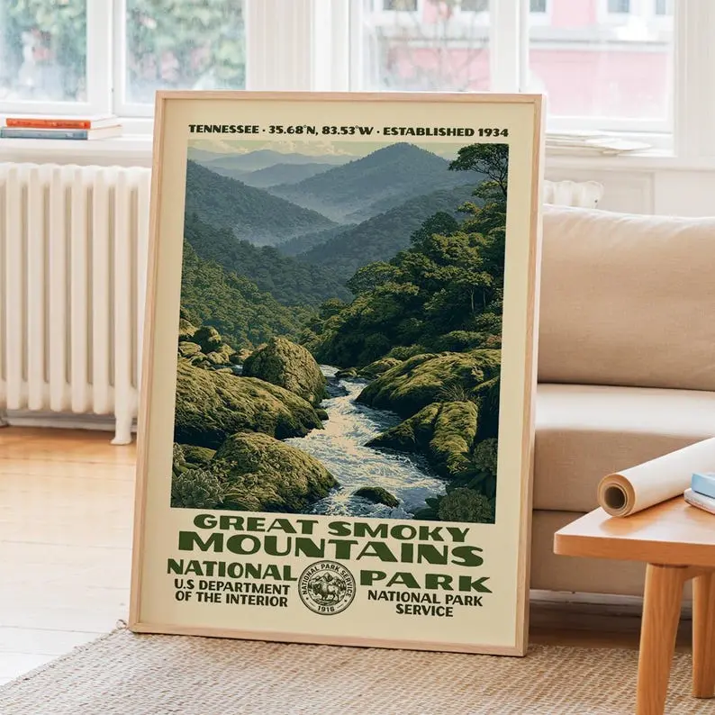 Great Smoky Mountains National Park Vintage WPA Poster, Nature Landscape Wall Art Decor, Retro Travel Framed Canvas Print, Hiker Gift