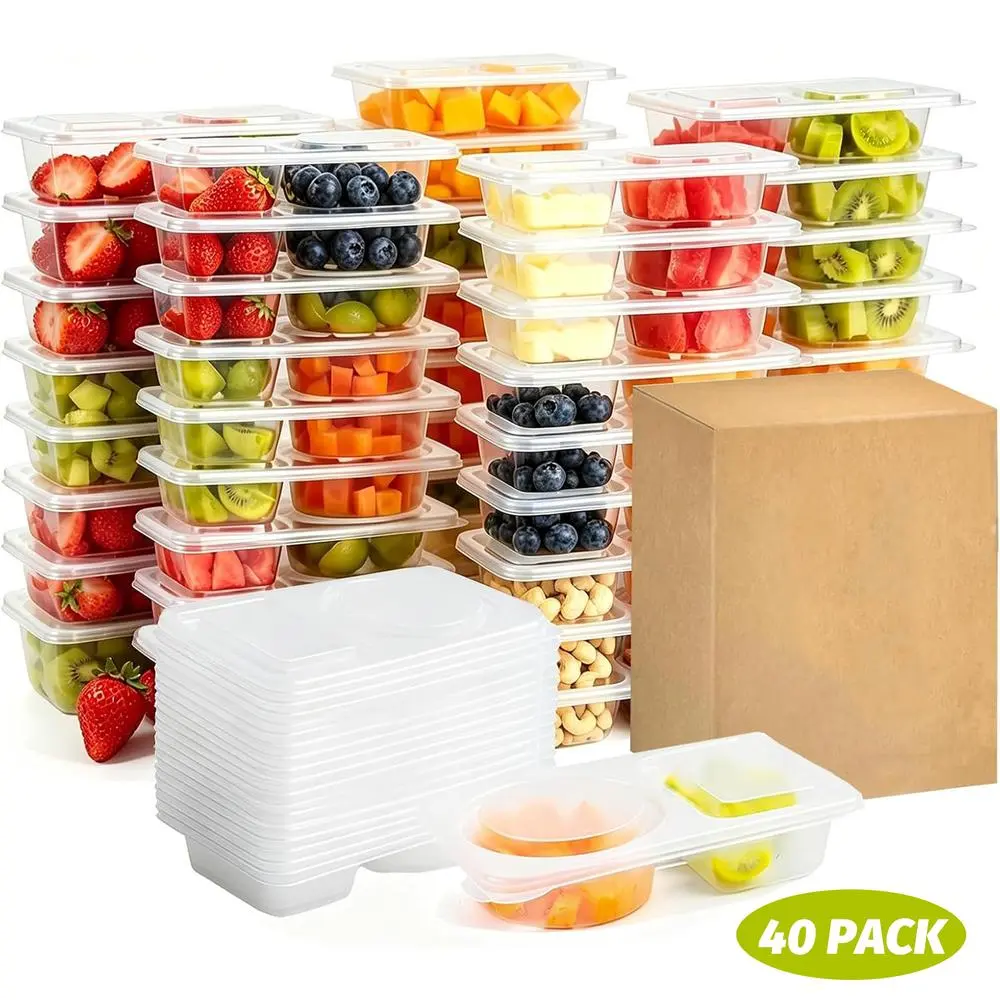 20 Pack Snackle Boxes with Utensils, 260ml Double & 3 Compartment Reusable Food Containers, Airtight Stackable Portable Organizers for Camping Daily Use STYLE A 40Pcs
