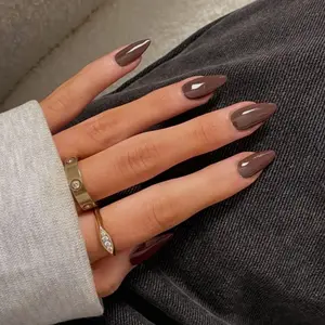 Brown Almond Shaped Nails, Medium Length, 24pcs Press On False Nails, Reusable, No UV Light Needed
