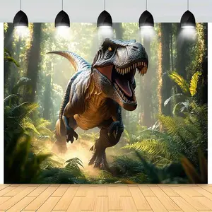 1pc Dinosaur Jungle Party Banner Decoration - No Power Required, Durable Polyester Fabric for Indoor/Outdoor Use, Vibrant T-Rex Design for Birthdays, Anniversaries, Weddings & Events, Festive Decor, Lifelike Print, Highquality Print Ornaments White