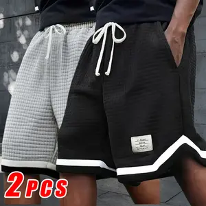 2 Pack Plus Size Men's Waffle Knit Shorts - Elastic Drawstring Waist Casual Summer Shorts with Breathable Soft Fabric, Solid Color Versatile Design, Plus Size Men's Shorts Gray Mens Tropical Menswear Big short shorts#SummerVibes