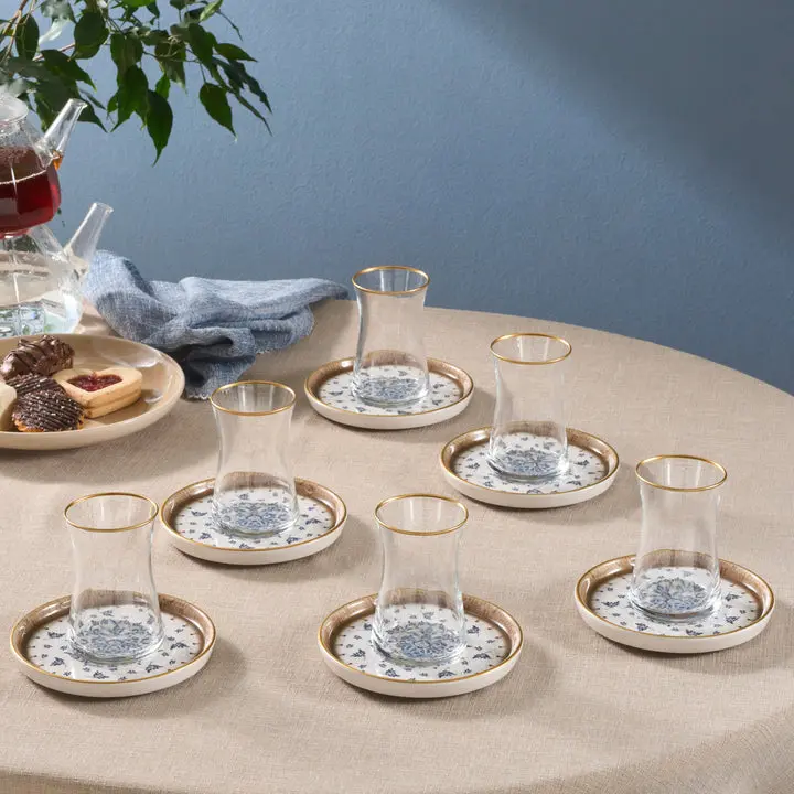 Karaca Elena 12-Piece Stylish Lightweight Glass Tea Set for 6 - 170ml Colorful Cups & Saucers with Comfortable Grip, Ideal for Home Use