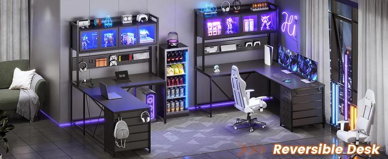 Sikaic 62 Inches LED Reversible L Shaped Gaming Desk With Power Outlet Storage Drawers Hutch and Pegboard