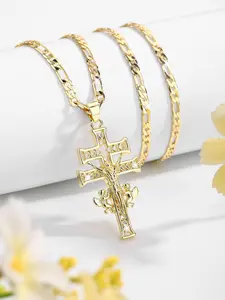 Fashionable Luxury Dual Cross Design Pendant Necklace, Copper Plated 14k Zirconia Christian Jewelry, Figaro Chain Unisex Gift