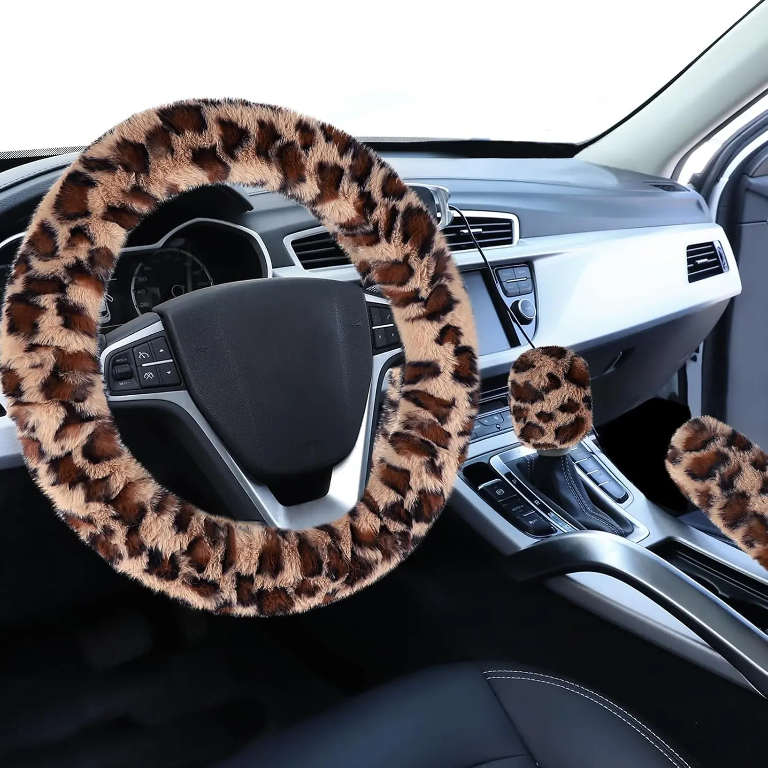 Fuzzy  Steering Wheel Cover, Universal Fit  Auto Wheel Cover & Handbrake Cover & Gear Shift Cover Set, Leopard Warm Fluffy  Wheel Protector  Accessories for Men Women (Brown)