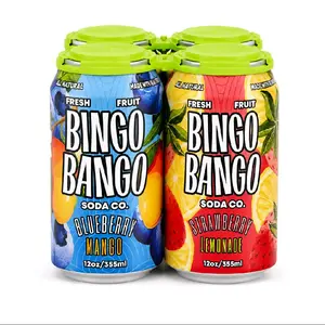 Bingo-Bango Real Fruit Soda - Mixed Variety 4-Pack Strawberry Lemonade, Blueberry Mango, Lemon Peach Pom, and Passion Berry.