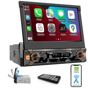 7" 1DIN Car Stereo with Motorized Flip-Out Touchscreen Wired CarPlay&Android Auto Bluetooth Mirror Link Supports USB/TF/AUX/Type-C 30-Band EQ Fast Charger Hands-Free Call & Voice Assistant W/ 4LED Reversing Camera Perfect for Car Van RV Pickup Truck Bus