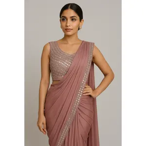 Dark pastel Pink Ready to Wear Saree with Mirror Crafted Handmade Blouse