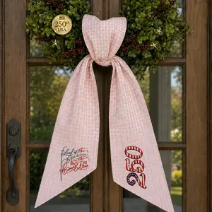 Land of the Free Home of the Brave Wreath Bow Sash, Pink Gingham Patriotic Embroidery Door Decor Gift for 4th of July