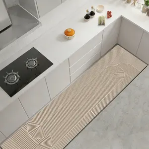 Modern Geometric Kitchen Mat, Light Base with Lines, Anti-Fatigue Cushioned Rug, Absorbent Rubber Floor Mat for Kitchen & Bathroom