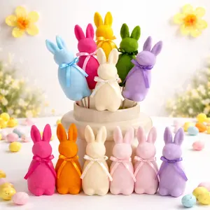 Flocked Easter Bunny Decoration with Macaron Color Bow, Spring Home Decor for Easter Table, Basket, and Fireplace, Cute Holiday Atmosphere