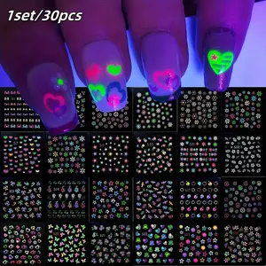 3D Glow Neon Nail Stickers, Shiny Self-Adhesive Butterfly Heart Flower Designs, DIY Nail Art Decorations for Women Girls