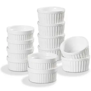 Stackable Ceramic Ramekins With Lids | Set Of 6 Oven Safe Creme Brulee Souffle Dishes, Pudding Cups With Silicone Covers For Baking - White (3 Size)