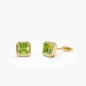 14K Asscher Cut Peridot Stud Earrings