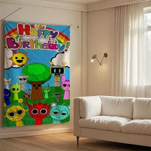 Happy Birthday Sprunki" Peach Light Beige Tapestry - Whimsical Cartoon Forest Scene with Rainbow, Sun, and Playful Characters - Ideal for Dorm, Home, Bar Decor - Unique Gift for Friends and Family, Birthday Party Decorations 60X40 Sunset Wall