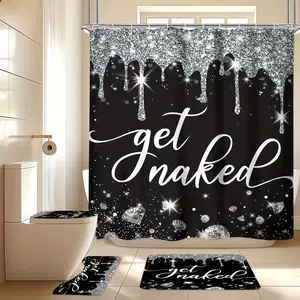 4PCS - 2D Flat Black Silver Diamond Quote Shower Curtain Set, Modern Fluid Diamond Gorgeous Art Shower Curtain With 12 Hooks, Bathroom Anti-slip Floor Mat, Toilet U-Shaped Mat, Cover Mat, Home Decor Gift