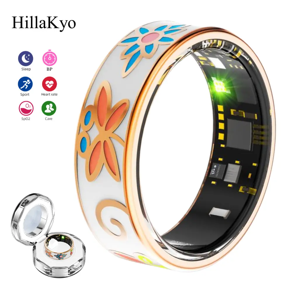 Hillakyo Floral Enamel Smart Ring for Women, Fitness Health Tracker | Sleep, Steps, Heart Rate, SpO2, BP & Calorie Monitor, IP68 Waterproof, 5-Day Battery, No Monthly Subscription, Compatible with Android & iOS, Remote Camera Shutter Wearable, Bluetooth,