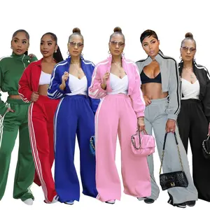 Two piece women's side striped casual sports suit jogging suit long sleeved zipper jacket top&wide leg pants suit suit women's slim fit blue