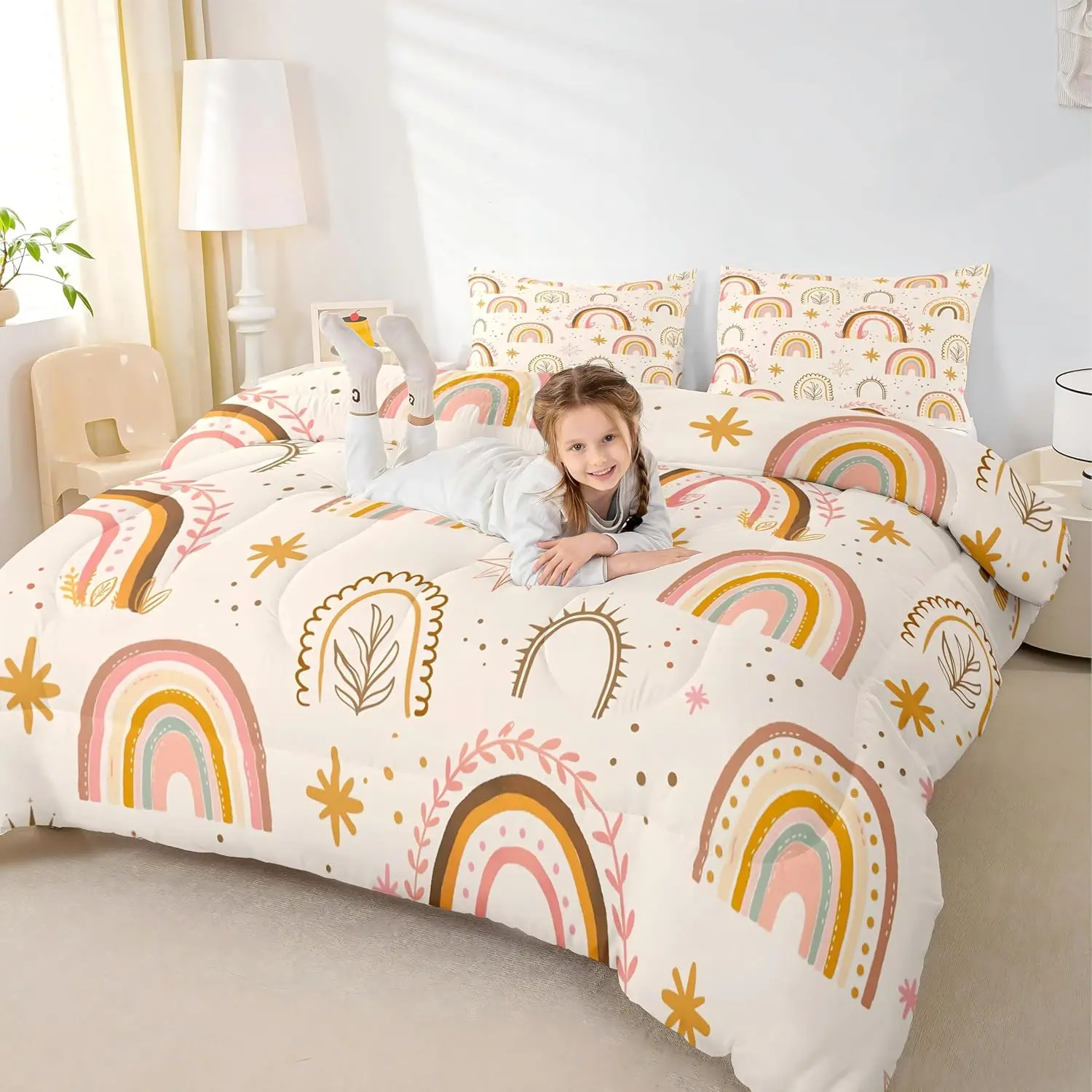Rainbow Comforter Sets Bedding Set,Bohemian Bed in a Bag,Palm Leaf Dots Print Quilted Duvet Insert Woman Room Decor,Warm Soft All Season Quilt,Light Yellow