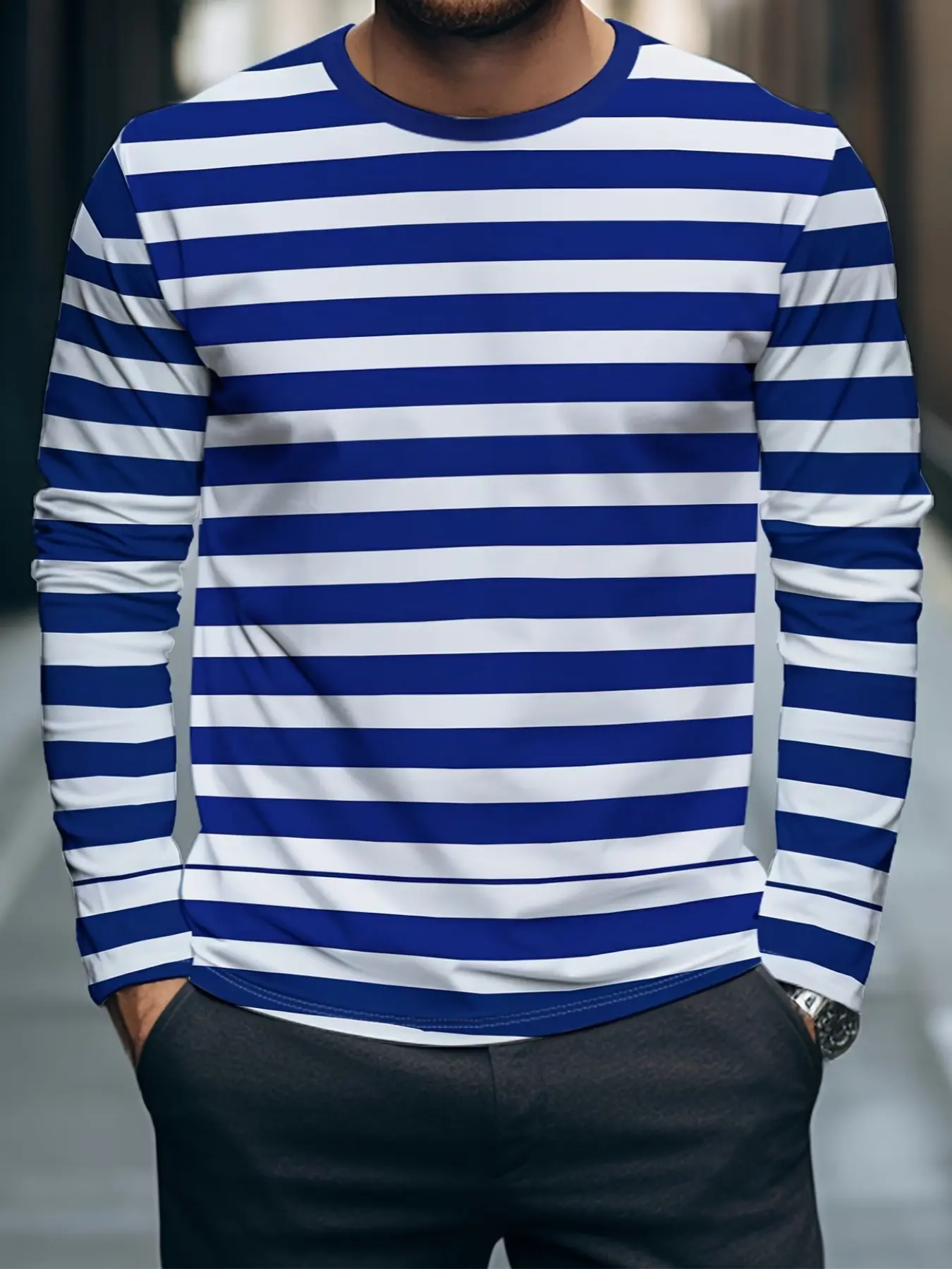 Men's Casual Long Sleeve T-Shirt, Blue Horizontal Stripes, Soft Fabric, Spring Fall Outdoor Wear, Street Style Fashion