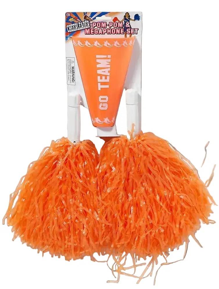 Orange Cheerleader Pom Poms and Megaphone Kit