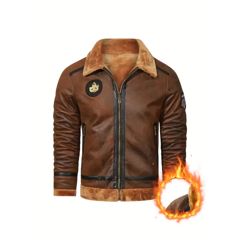 Men's Faux Suedette Biker Jacket - Warm Fleece-Lined, Zip-Up, Long Sleeve, Brown with Golden Accents, Stylish Winter Outerwear for Hiking & Casual Wear umbrella  hat Women's Snow Garden Boots Collapsible Vampire Umbrella  Collar Menswear Coats Outdoor Pol
