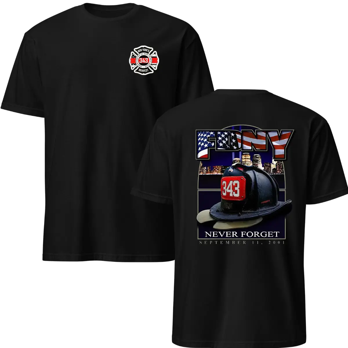 343 Firefighter Memorial T-Shirt, 9/11 Never Forget Tribute Tee, FNY Helmet Graphic Shirt, New York's Bravest Apparel for Men & Women