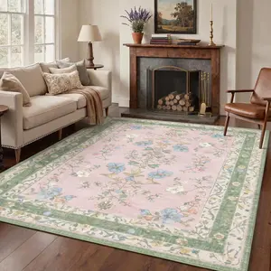 Area Rugs for Living Room, Machine Washable Non Slip Vintage Rugs, Low Pile Lightweight Chenille Print Rug for Bedroom, Dining Room, Home Office, Light Green Pink