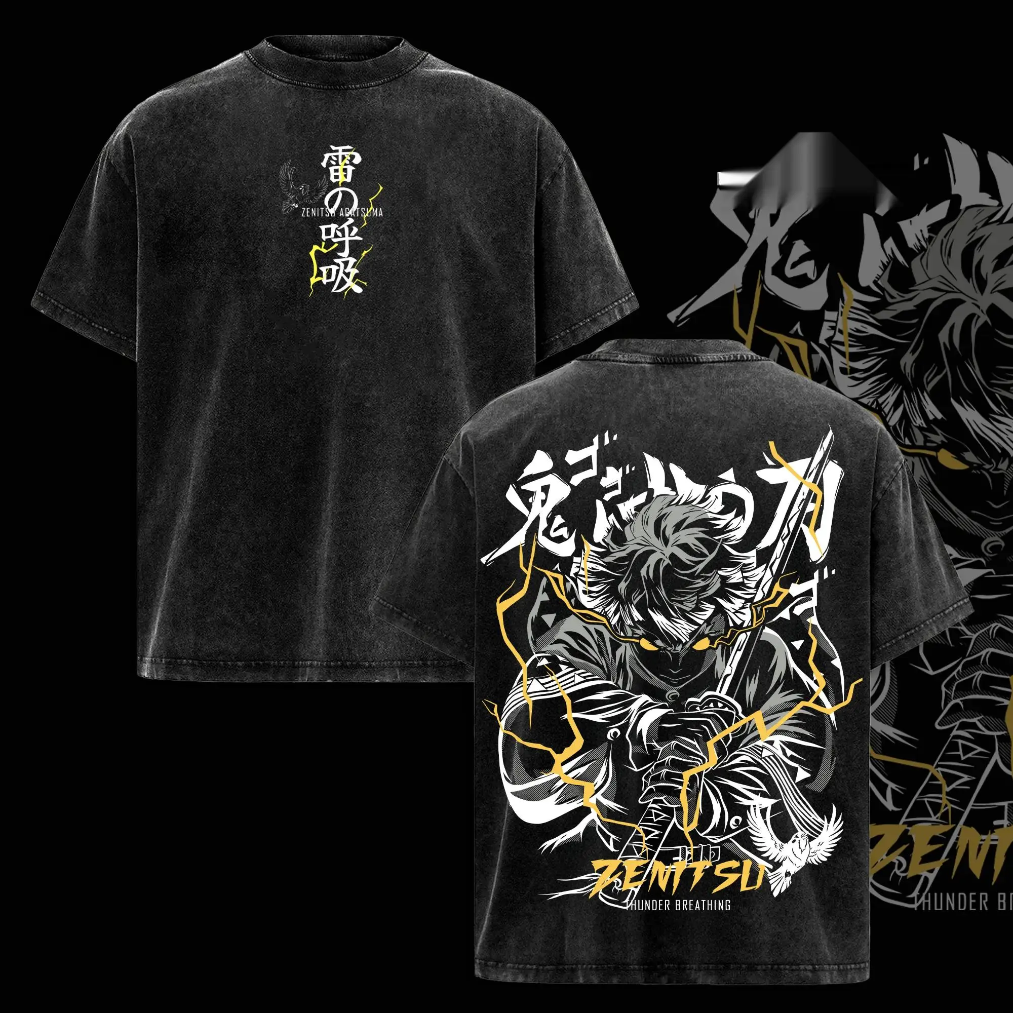 Limited Edition "Thunder Breathing" Zenitsu Tee – Demon Slayer Acid Wash Oversized T-Shirt, Anime Streetwear Graphic Top