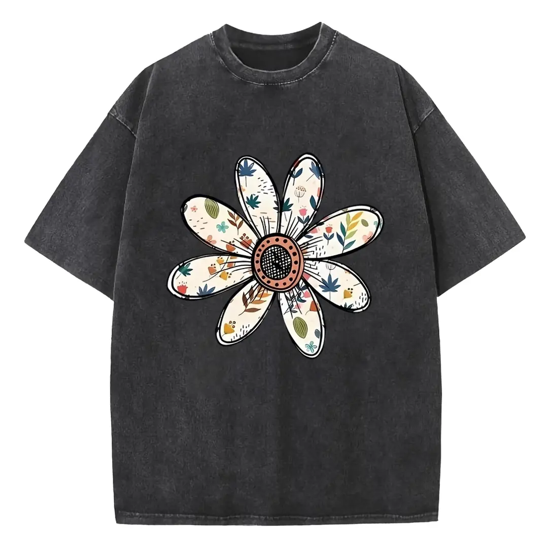 Women's Acid Washed Graphic Tee - Short Sleeve, Drop Shoulder, Baggy Fit, Daisy Print Sports Top for Casual Wear