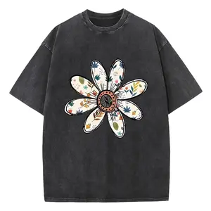 Holafish Women’s Graphic Acid Washed Tee Daisy Print Short Sleeve Drop Shoulder Baggy Fit Soft Comfortable Casual Streetwear Shirt for Daily Wear Travel and Easy Outfits
